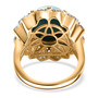 back view of turquoise pink tourmaline and moissanite halo ring in 18k yellow gold over sterling silver