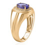 side view of tanzanite and yellow diamond gents halo ring in solid 10k yellow gold