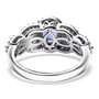back view of tanzanite pink sapphire and zircon halo ring in rhodium over sterling silver