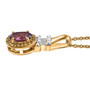 side view of purple garnet and yellow and white diamond pendant necklace in 18k yellow gold over sterling silver