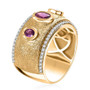 side view of purple garnet trilogy textured band ring with white zircon accents in 18k yellow gold over sterling silver