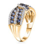 side view of ceylon blue sapphire and white zircon crossover ring in 18k yellow gold over sterling silver