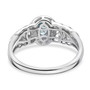 full view of cambodian blue zircon and moissanite halo ring in rhodium over sterling silver