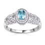 cambodian blue zircon and moissanite halo ring in rhodium over sterling silver