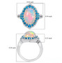 ethiopian opal neon blue apatite and moissanite halo ring in rhodium over sterling silver shown for size comparison