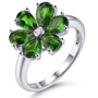 full view of garnet and white zircon flower cluster ring in rhodium over sterling silver