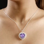 rose de france amethyst heart and freshwater pearl halo pendant necklace in rhodium over sterling silver worn around the neck