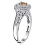 side view of imperial topaz and moissanite double halo ring in rhodium over sterling silver