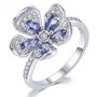 tanzanite and white zircon flower ring in rhodium over sterling silver