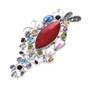 side view of artisan crafted red coral and multi gemstone pendant brooch in rhodium over sterling silver
