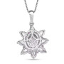 back view of rainbow moonstone moissanite and pink sapphire pendant necklace in rhodium over sterling silver