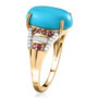 side view of sleeping beauty turquoise rubellite and diamond ring in solid 10k yellow gold