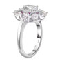 side view of rainbow moonstone moissanite and pink sapphire ring in rhodium over sterling silver