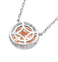 back view of pink and white diamond round cluster necklace in solid 14k rose and white gold