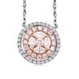 pink and white diamond round cluster necklace in solid 14k rose and white gold