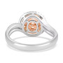 full view of pink and white diamond round cluster ring in two-tone 14k rose and white gold