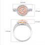 pink and white diamond round cluster ring in two-tone 14k rose and white gold shown for size comparison