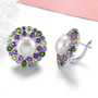 side view of freshwater pearl and multi gemstone post and omega back earrings in rhodium over sterling silver