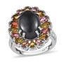 front view of black tourmaline multi color tourmaline and white zircon halo ring in rhodium over sterling silver