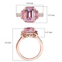 kunzite pink sapphire and zircon three stone halo ring in 18k rose gold over sterling silver shown for size comparison