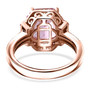 back view of kunzite pink sapphire and zircon three stone halo ring in 18k rose gold over sterling silver