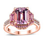 kunzite pink sapphire and zircon three stone halo ring in 18k rose gold over sterling silver