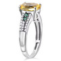 side view of heliodor emerald and white zircon ring in rhodium over sterling silver
