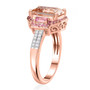 side view of morganite pink sapphire and zircon three stone halo ring in 18k rose gold over sterling silver