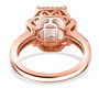 back view of morganite pink sapphire and zircon three stone halo ring in 18k rose gold over sterling silver