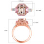 morganite pink sapphire and zircon three stone halo ring in 18k rose gold over sterling silver shown for size comparison