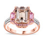 morganite pink sapphire and zircon three stone halo ring in 18k rose gold over sterling silver