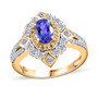 tanzanite yellow sapphire and moissanite halo ring in 18k yellow gold over sterling silver