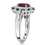 side view of rubellite indicolite tourmaline and diamond halo ring in solid 14k white gold