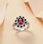 rubellite indicolite tourmaline and diamond halo ring in solid 14k white gold shown in a lifestyle photo