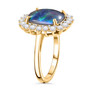 side view of boulder opal triplet and white zircon cushion halo ring in 18k yellow gold over sterling silver