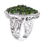 side view of chrome diopside pink tourmaline and white zircon cluster halo ring in rhodium over sterling silver