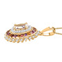side view of rainbow moonstone and multi gemstone halo pendant necklace in 18k yellow gold over sterling silver