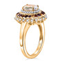 side view of rainbow moonstone and multi gemstone halo ring in 18k yellow gold over sterling silver