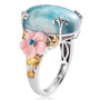 side view of larimar shell and blue apatite flower ring in two-tone 18k yellow gold and rhodium over sterling silver