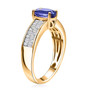side view of tanzanite and moissanite ring in 18k yellow gold over sterling silver