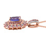side view of tanzanite pink sapphire and diamond pendant necklace in 18k rose gold over sterling silver