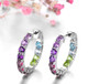 full view of multi gemstone hoop earrings in rhodium over sterling silver