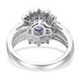 back view of tanzanite blue sapphire and diamond ring in rhodium over sterling silver