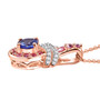 side view of tanzanite pink sapphire and zircon pendant necklace in 18k rose gold over sterling silver