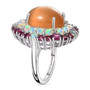 side view of peach moonstone opal rhodolite and zircon double halo ring in rhodium over sterling silver