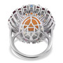 full view of peach moonstone opal rhodolite and zircon double halo ring in rhodium over sterling silver
