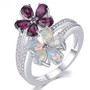 rhodolite garnet opal and zircon flower bypass ring in rhodium over sterling silver