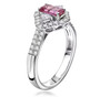 side view of padparadscha sapphire and diamond halo ring in 950 platinum
