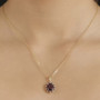 rhodolite garnet multi gem halo pendant necklace in 10k yellow gold on neck