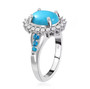 side view of turquoise neon apatite and zircon halo ring in rhodium over sterling silver